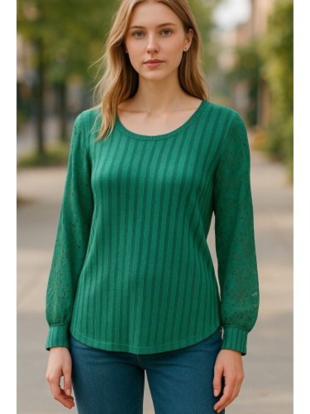 STUDIO 1886 Green Eyelet Sleeve Pullover Top Ladies L 12-14